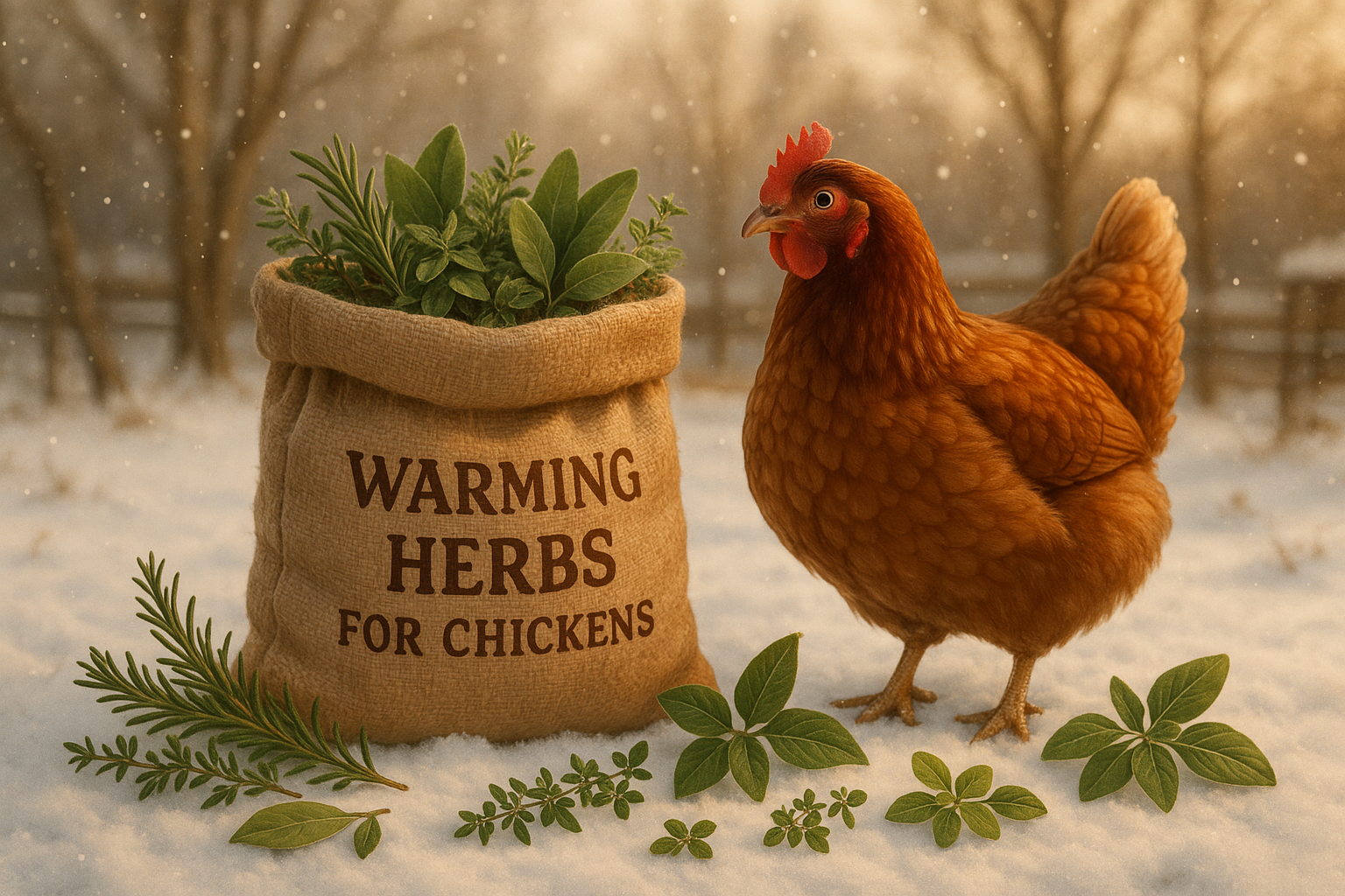 Bag of warming herbs for chickens. Have a hen sitting next to the bag. Cool winter background.  Rosemary, bay leaf, thyme, oregano, basil, sage on ground.